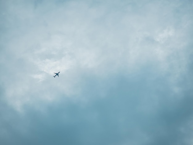 The plane went with the cloudy sky.