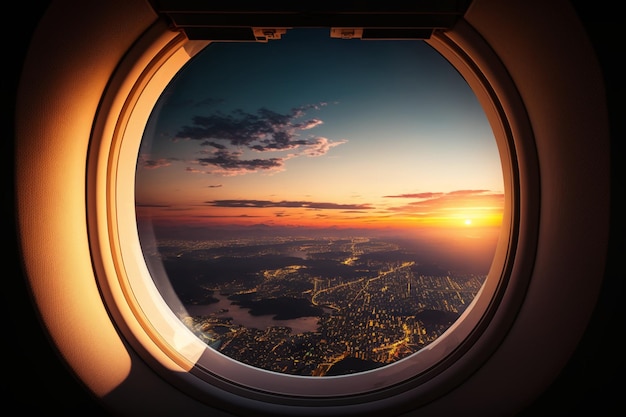 A plane window with a sunset view of the city below it.