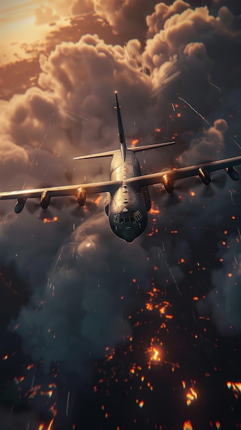 a plane with flames and a fire in the background