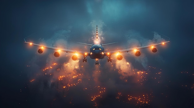 a plane with lights on the sky and the lights on the bottom