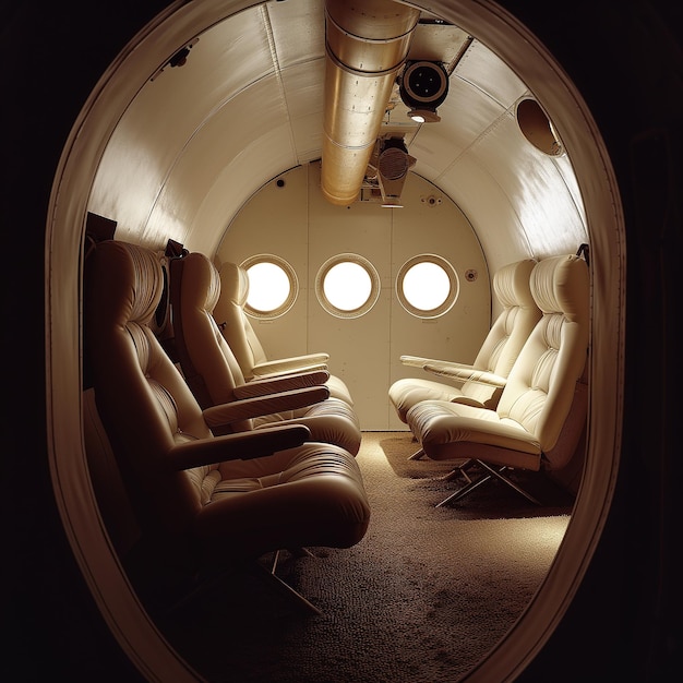 Photo a plane with a round window and a couch inside