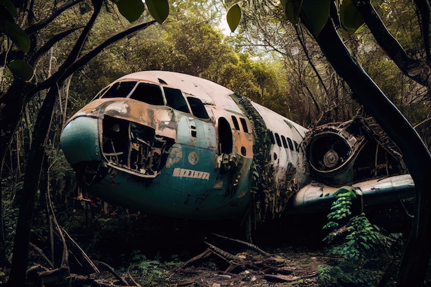 Plane wreck surrounded by dense foliage and wildlife in the heart of the jungle