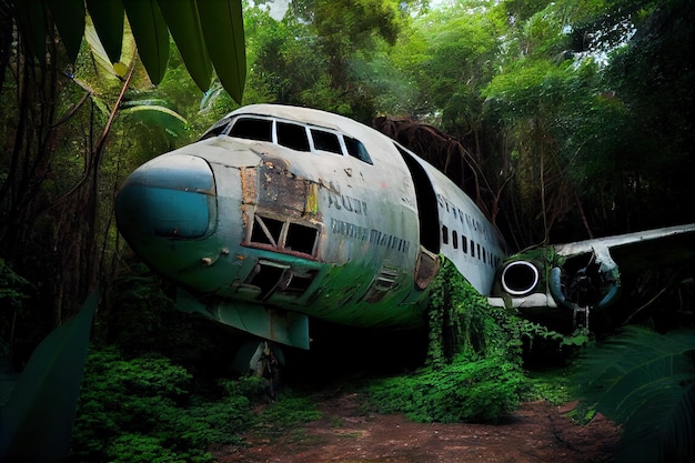 Plane wreck surrounded by lush jungle foliage and wildlife