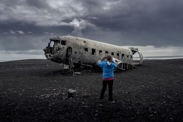 Plane wreckage in Black sand beach in iceland