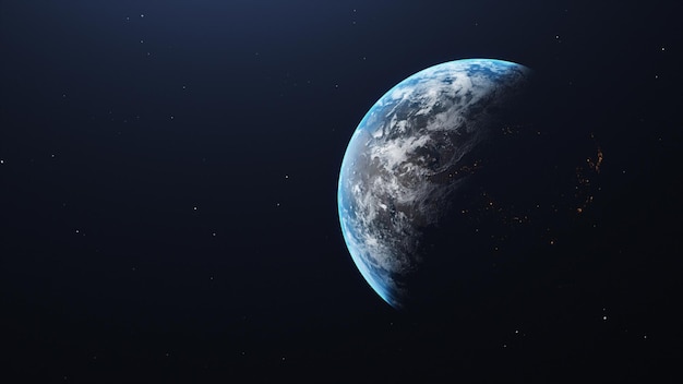 Planet Earth 3d render, half night and half day with city lights.