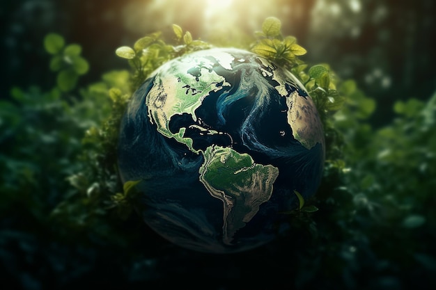 Planet earth covered by plants symbol of environmental protection Earth Day concept Generative AI