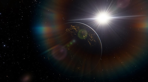 Planet Earth dawn sunset from space Silhouette planet earth in rays of sun against background of space stars and galaxies 3D render