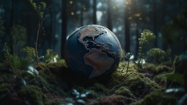 A planet earth in the forest with the word planet on the bottom