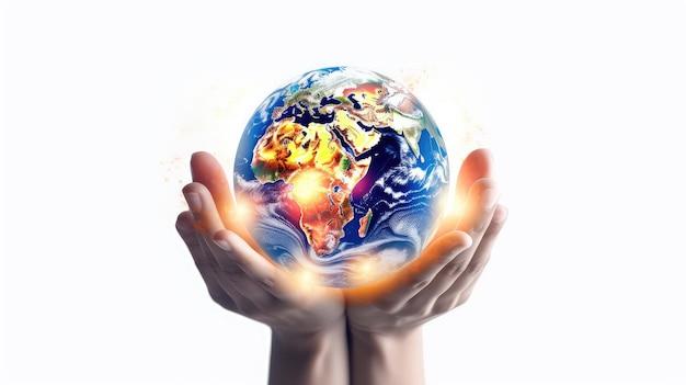 Planet earth held in hands photo realistic illustration