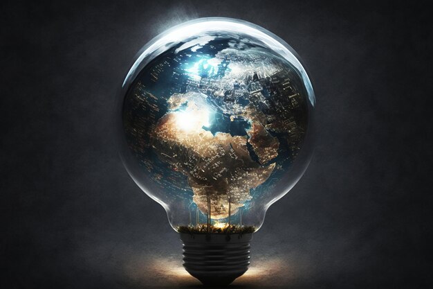 Photo planet earth inside a light bulb