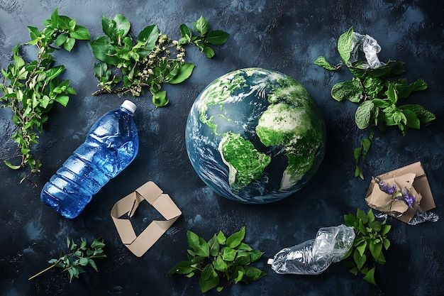 Photo the planet earth paired with waste sorting symbols emphasizing global responsibility