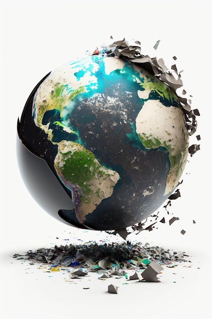 Planet Earth splashing garbage on white background