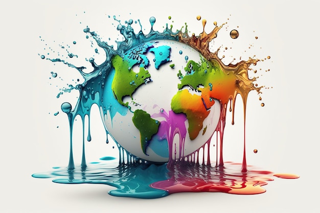 Planet Earth splashing in water color liquid on white