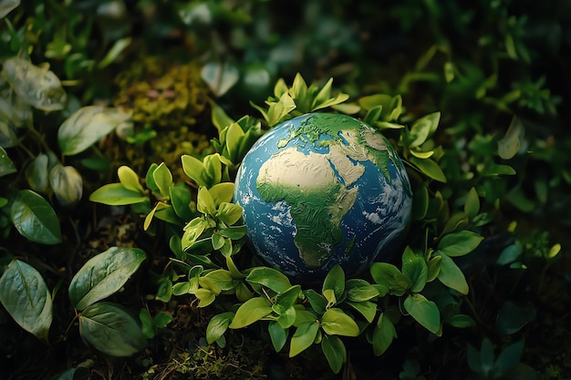 a planet earth surrounded by leaves and a green plant