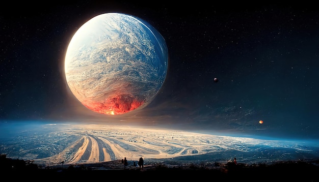 Planet Earth-type, exo-planet in outer space, alien planet in far space. fantasy landscape, galaxy.