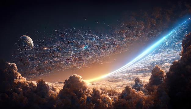 Planet Earth-type, exo-planet in outer space, alien planet in far space. fantasy landscape, galaxy.