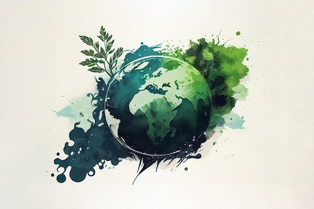 planet earth watercolor illustration concept green splash globe with trees and nature eco life