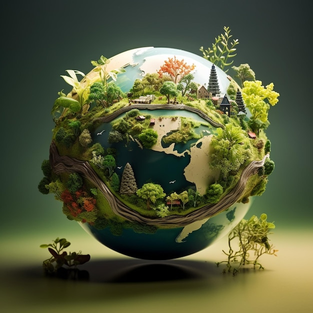 Planet Earth with buildings and birds on green background Ecology concept