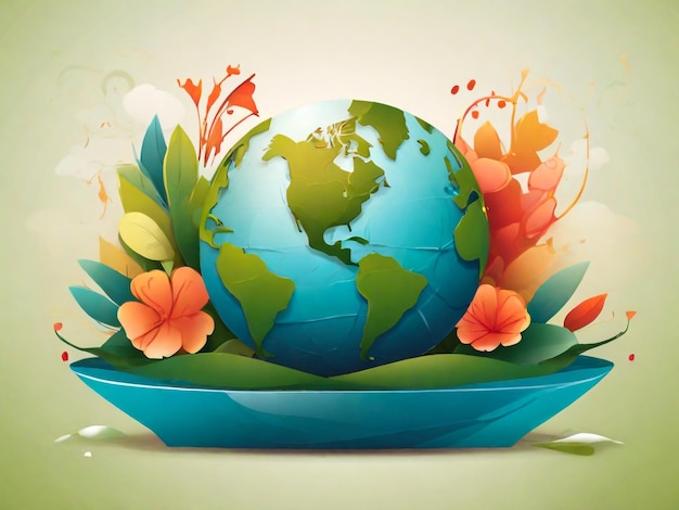 a planet earth with flowers around it and a bowl of flowers