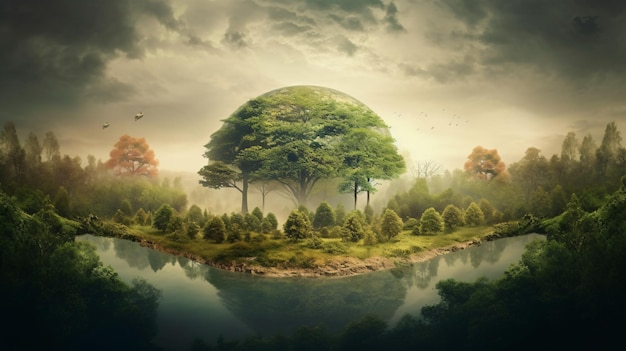 planet earth with growing trees and other nature bas