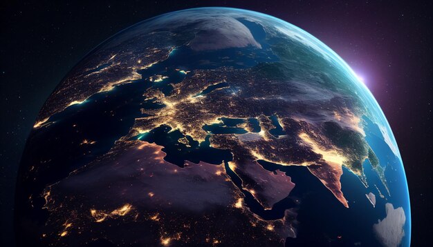 A planet earth with the lights of the world at night