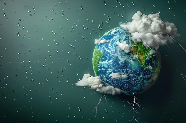 a planet earth with water drops and clouds in the background