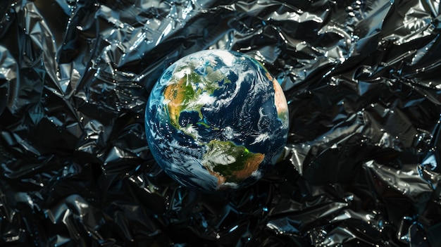 planet earth wrapped in cellophane film on a dark background