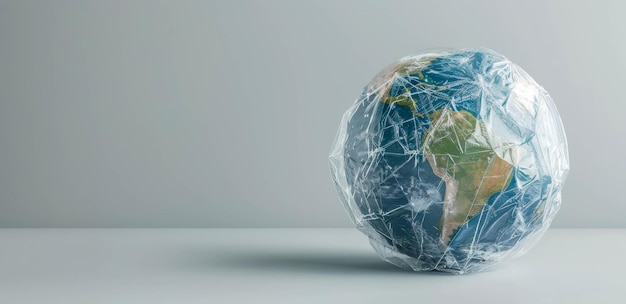 Photo planet earth wrapped in cellophane film on a light background