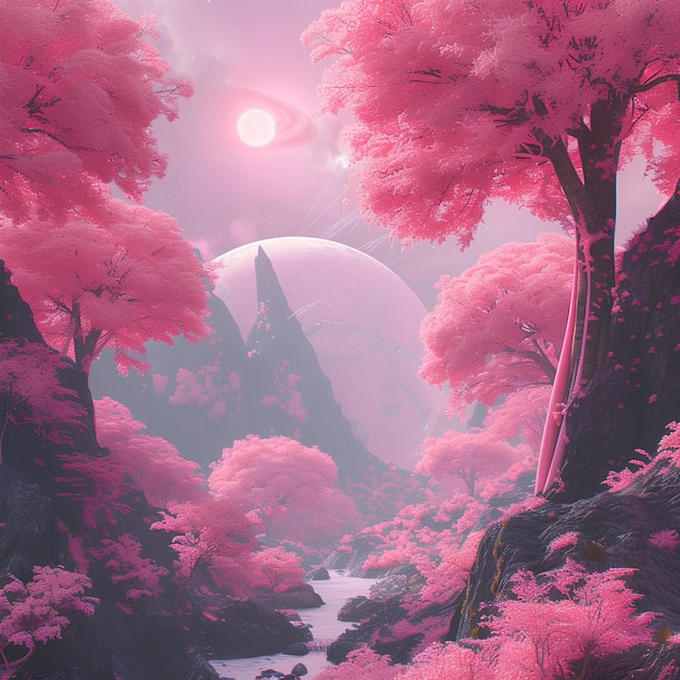 a planet full of pink trees