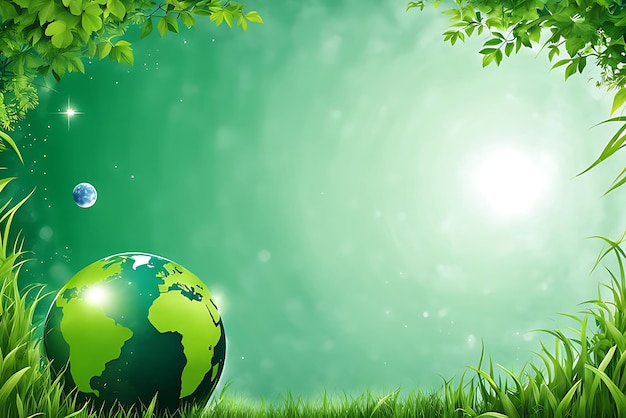 Planet on green background background on ecology theme with space for text green grass clean planet