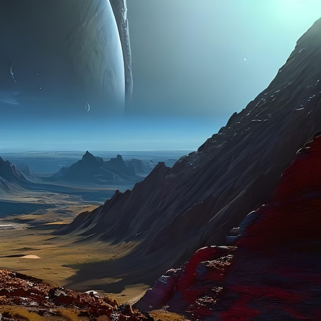 A planet is in the background of a rocky landscape