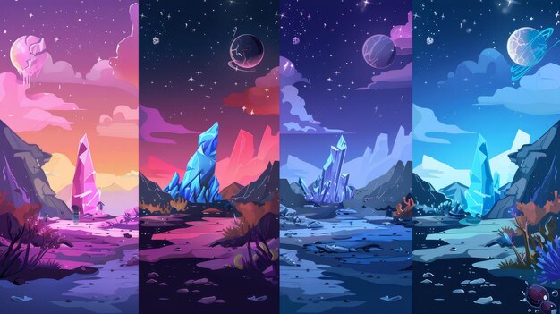 Photo planet landscape with rocks and crystals for game wallpaper backdrop modern illustration extraterrestrial world day night morning and evening time set