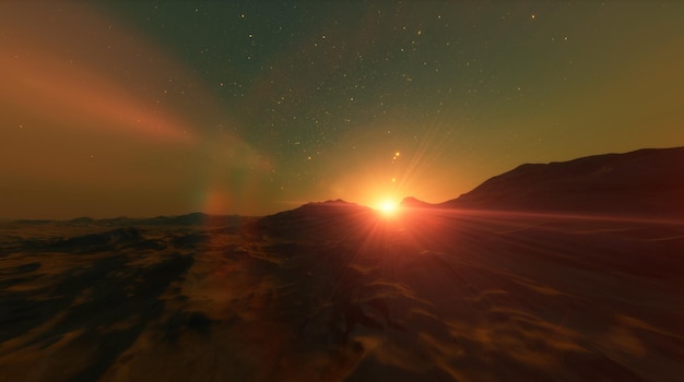 Planet Mars dawn sunset red mountains and the atmosphere of the planet 3d rendering