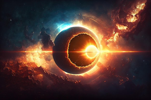 Planet nebula and outer space Illustration of a flare in the sun in an abstract fantasy space