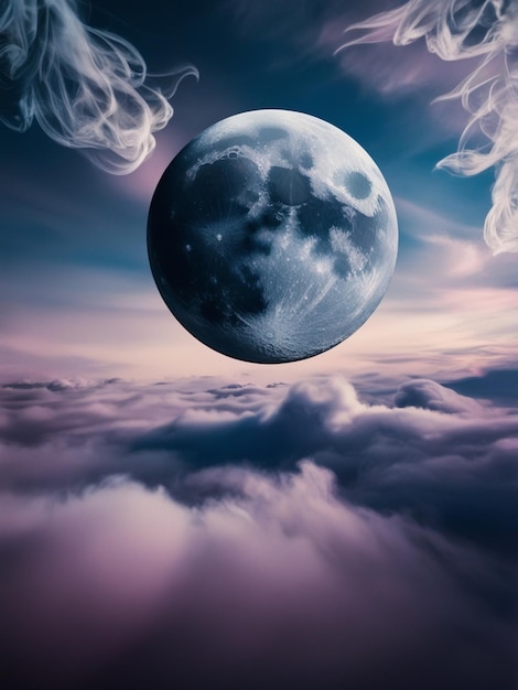 Photo a planet in the sky with clouds and moon