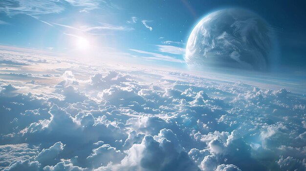 Photo a planet in the sky with clouds and a planet in the sky