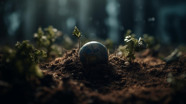 A planet in the soil with the earth on it