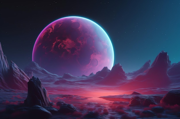 A planet with a blue and red moon in the background