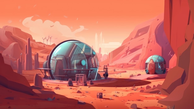 A planet with a dome on it and a few other buildings on the ground.