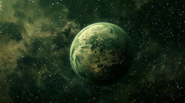 Photo a planet with a green background and a star in the middle of the universe