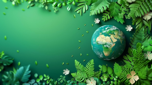 a planet with leaves and a green background