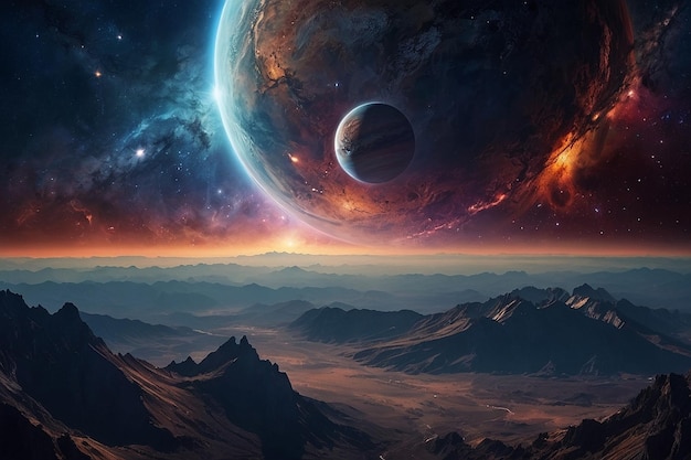 A planet with mountains space sky and nebula background