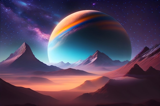 A planet with mountains and star rich space generative ai