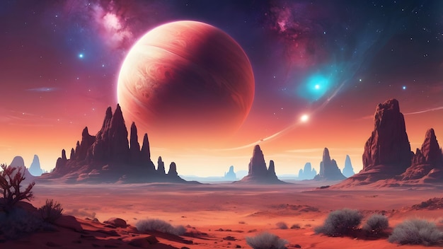 a planet with a pinkish sky and a planet in the middle