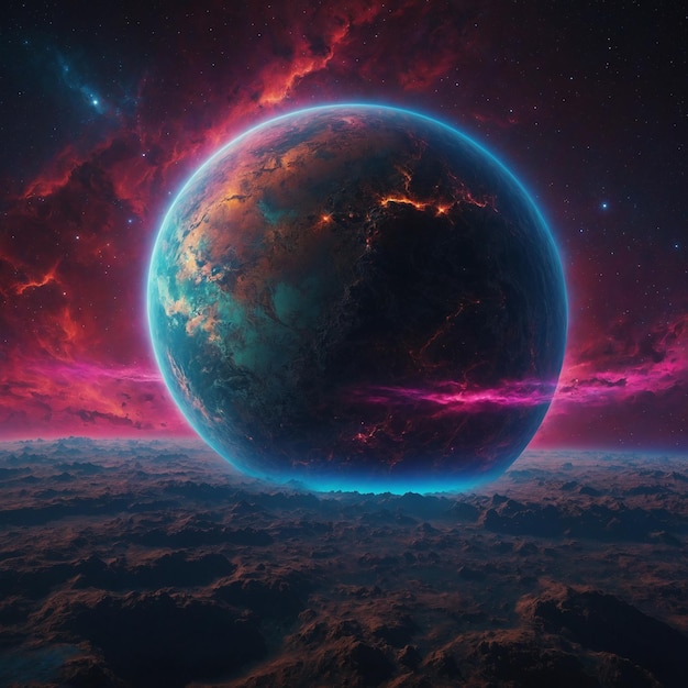 a planet with a purple sky and a purple and pink sky