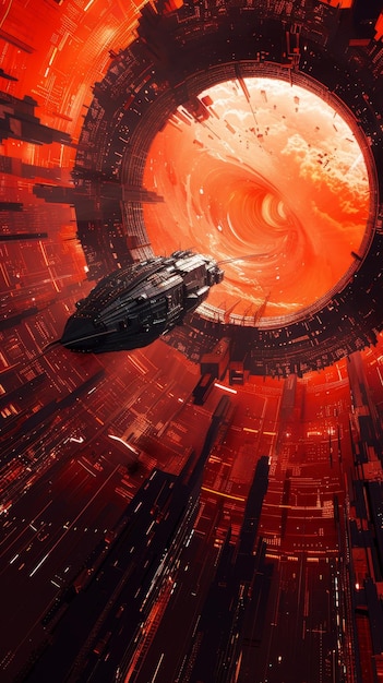 Photo a planet with a red background and a space ship in the center