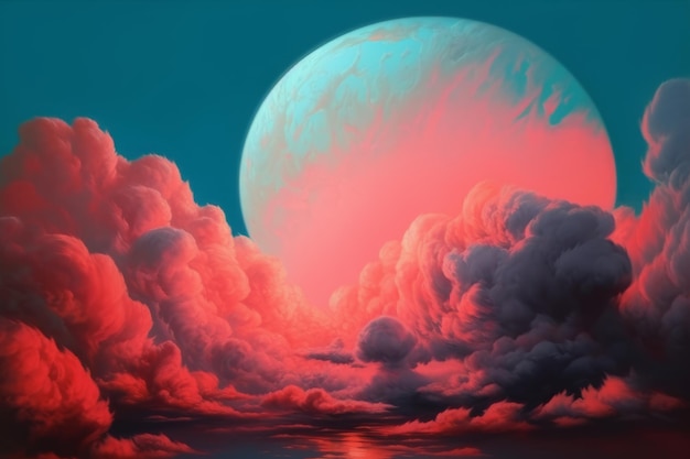 A planet with a red sky and clouds