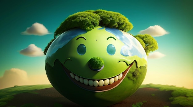 A planet with a smiling face and a plant on it