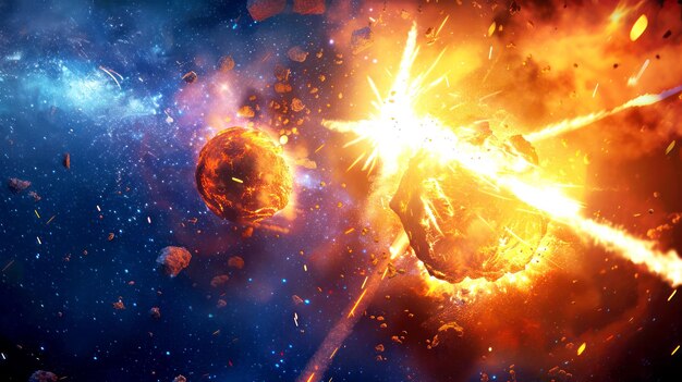 Photo planetary collision explosion in the deep space