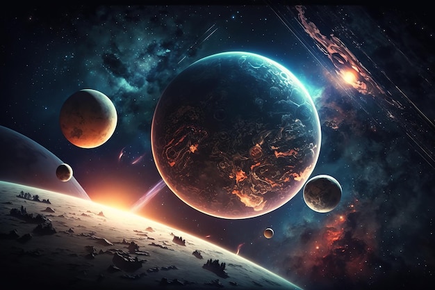 Planets in outer space Ai Galaxy cosmos background